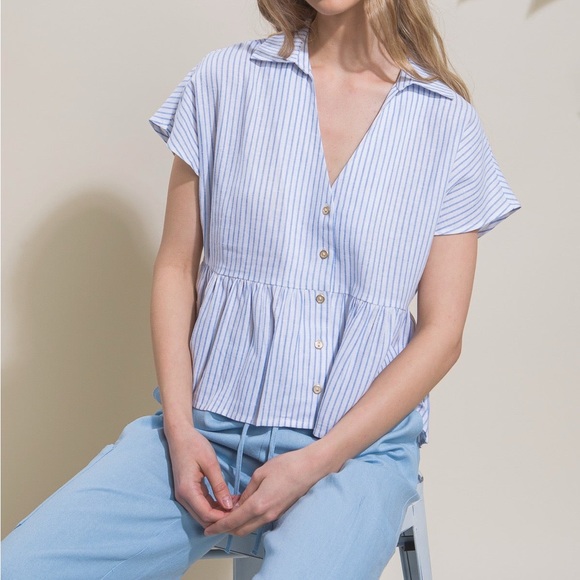 3/$25! NEW! Women’s Boutique Classic Carol Button Up Striped Linen Peplum Top M - Picture 2 of 16